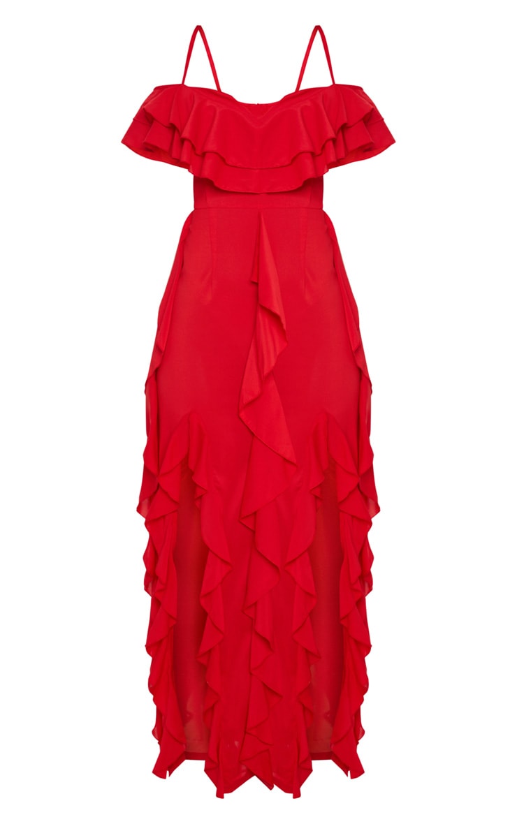 Red Cold Shoulder Ruffle Maxi Dress