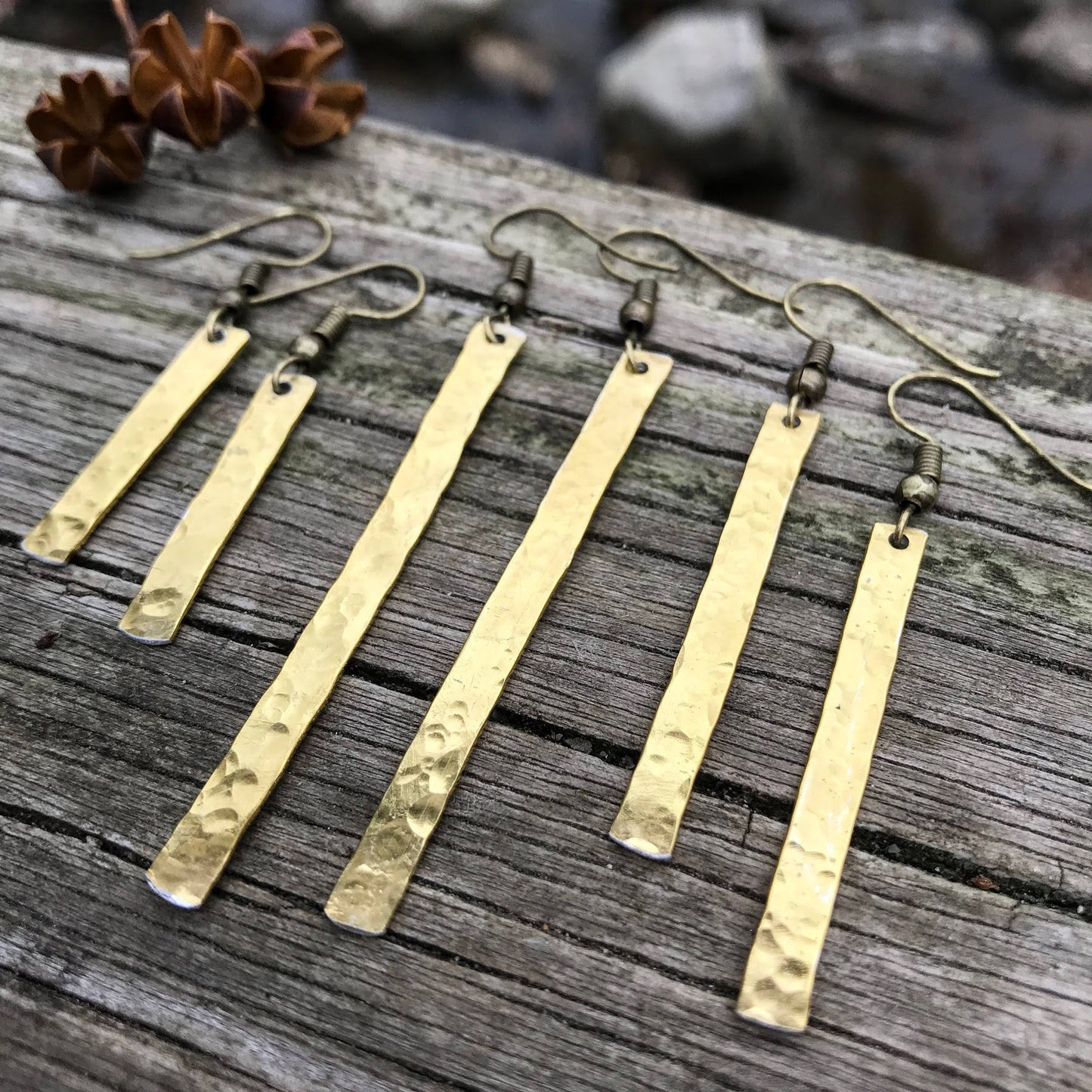 Gold Hammered Bar Earrings . Worn on All American