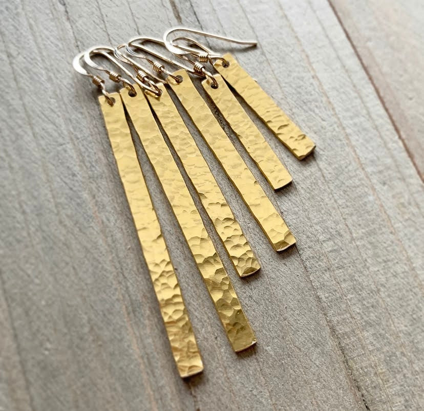 Gold Hammered Bar Earrings . Worn on All American