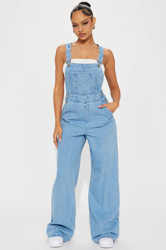 Matching My Energy Wide Leg Overalls - Medium Wash