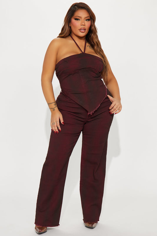 Washed Denim Pant Set - Wine