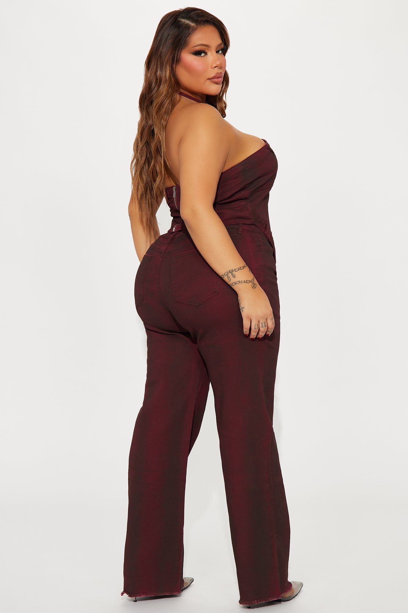 Washed Denim Pant Set - Wine