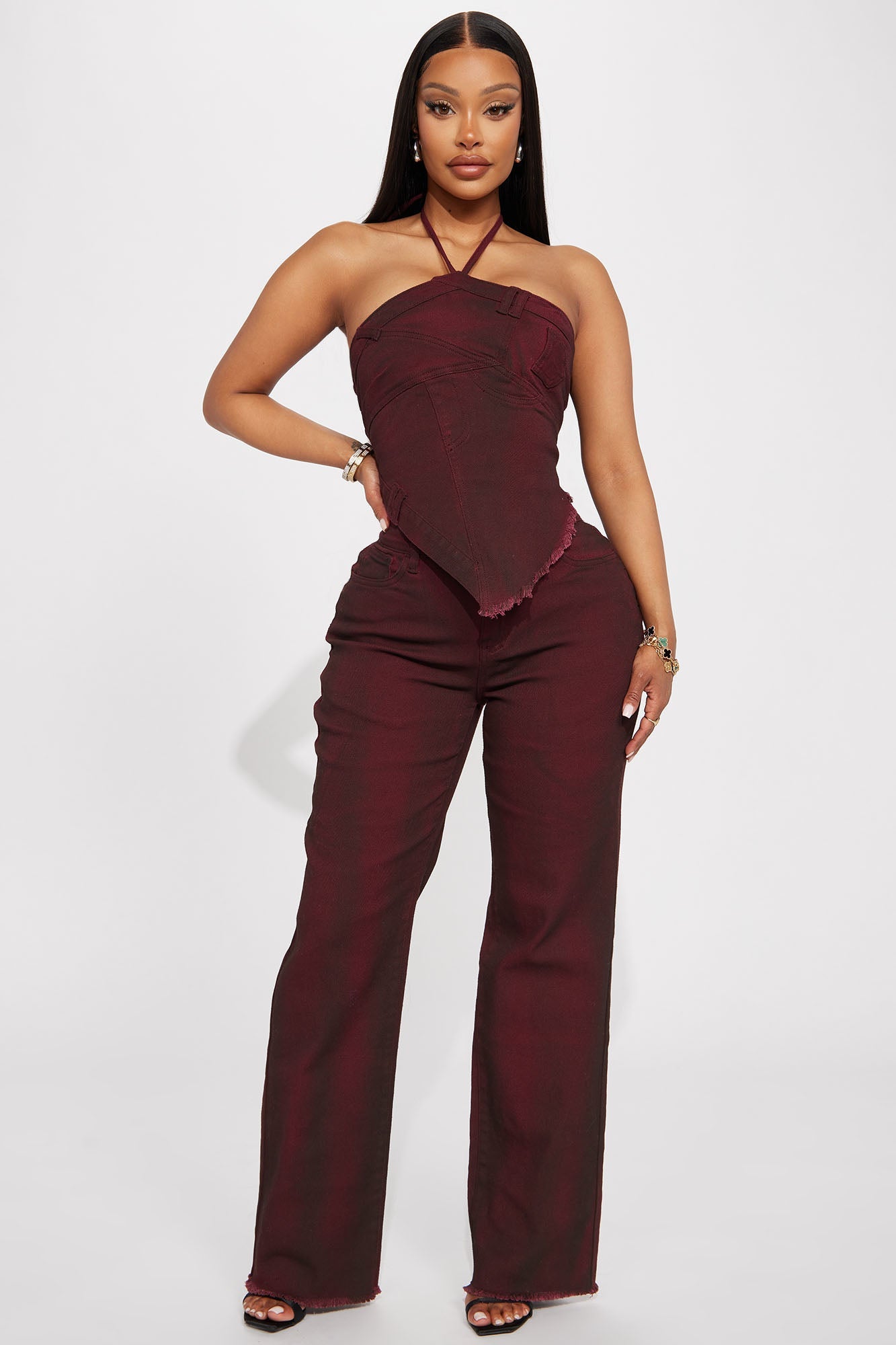 Washed Denim Pant Set - Wine