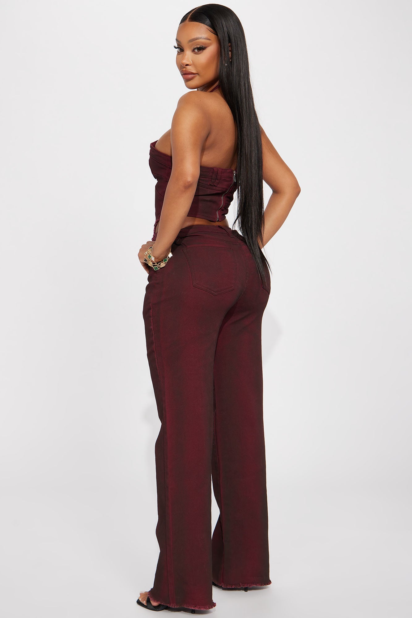 Washed Denim Pant Set - Wine