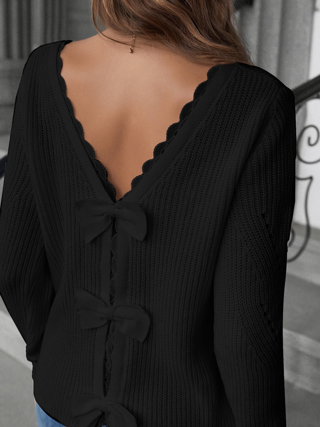 Contrast Guipure Lace Bow Back Eyelet Detail Sweater