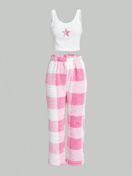 ROMWE Kawaii Star Print Tank Top & Plaid Print Pants PJ Set