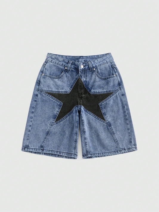 ROMWE Grunge Punk Women Star Print Denim Shorts