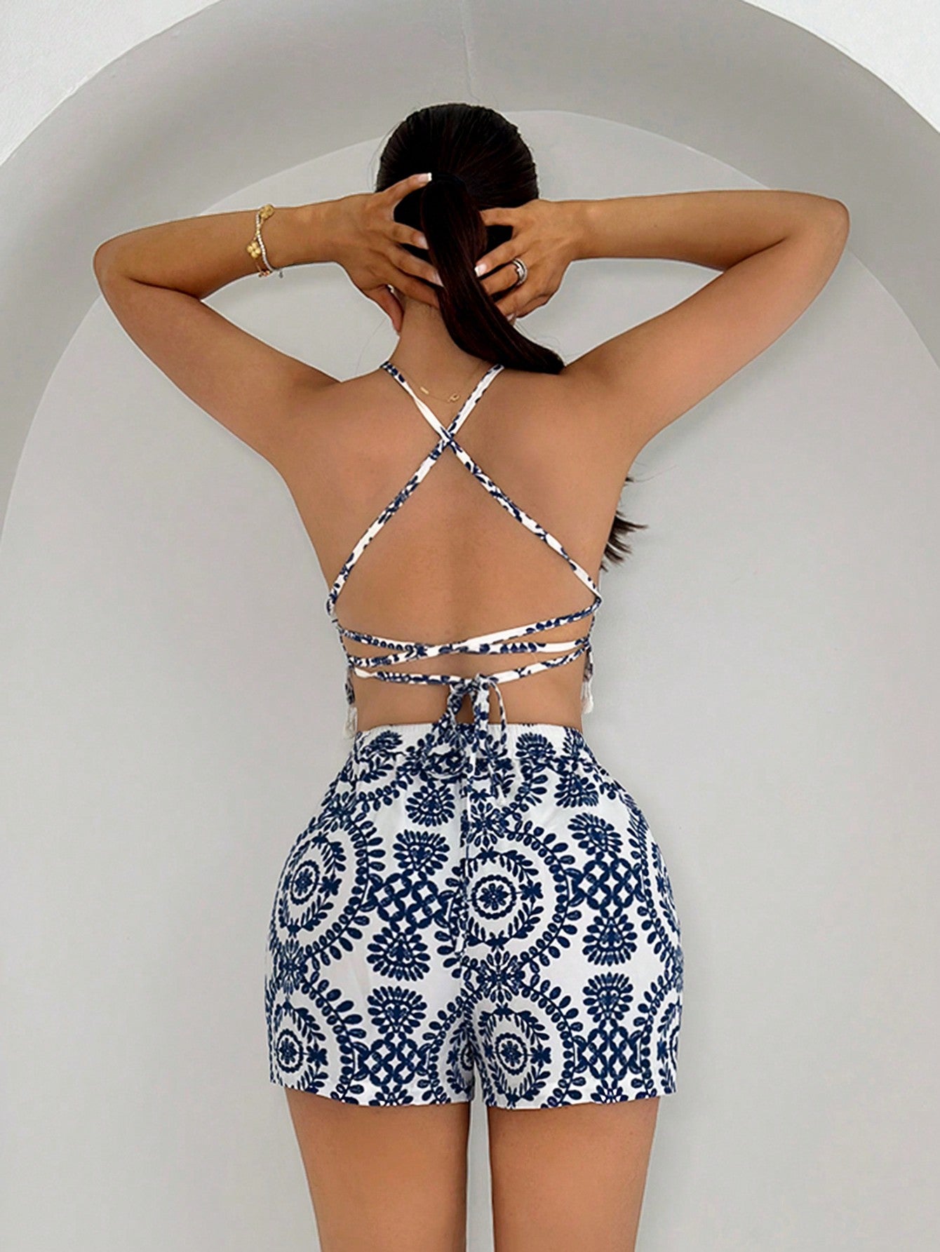 Printed Tie Strap Backless Halter Top And Shorts Set