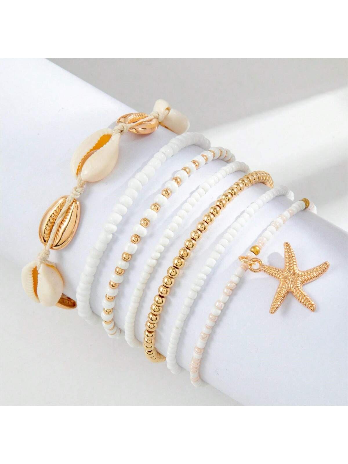 7pcs Bohemian Style Seashell & Beaded Woven Anklet Set