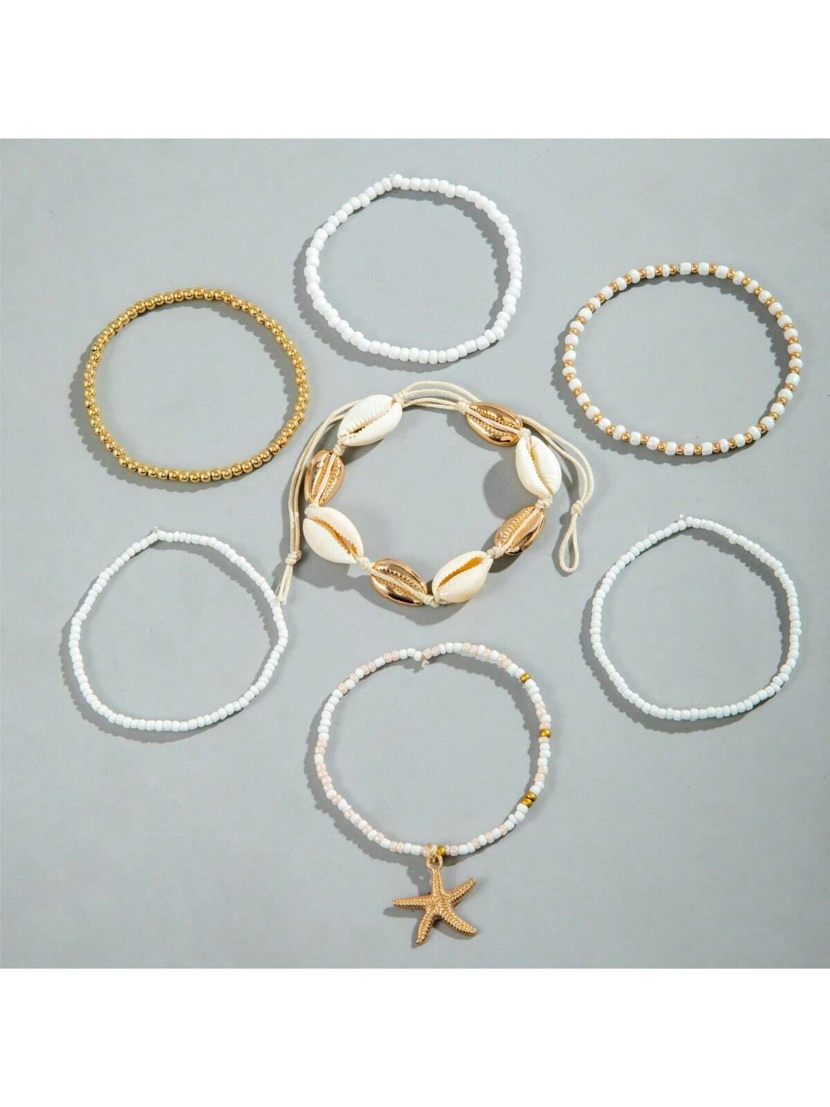 7pcs Bohemian Style Seashell & Beaded Woven Anklet Set