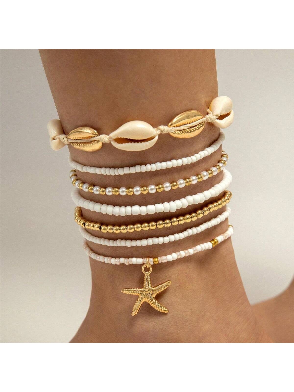 7pcs Bohemian Style Seashell & Beaded Woven Anklet Set