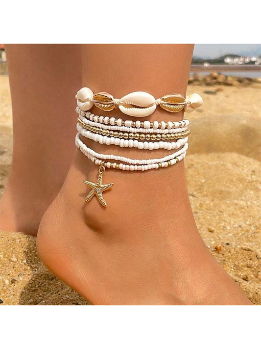 7pcs Bohemian Style Seashell & Beaded Woven Anklet Set