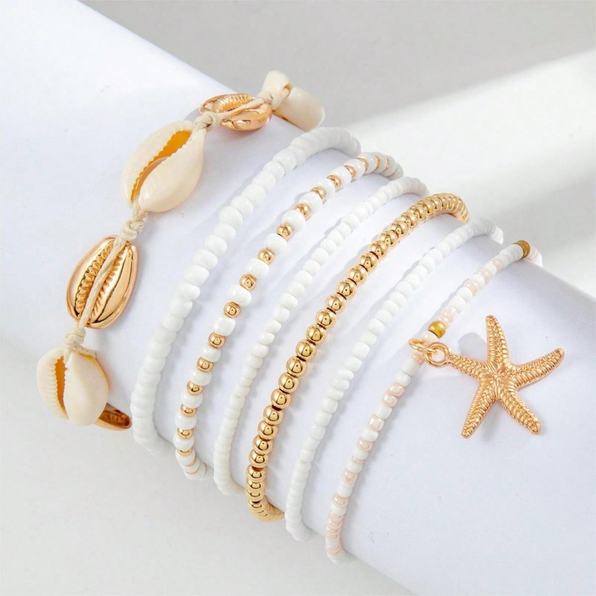 7pcs Bohemian Style Seashell & Beaded Woven Anklet Set