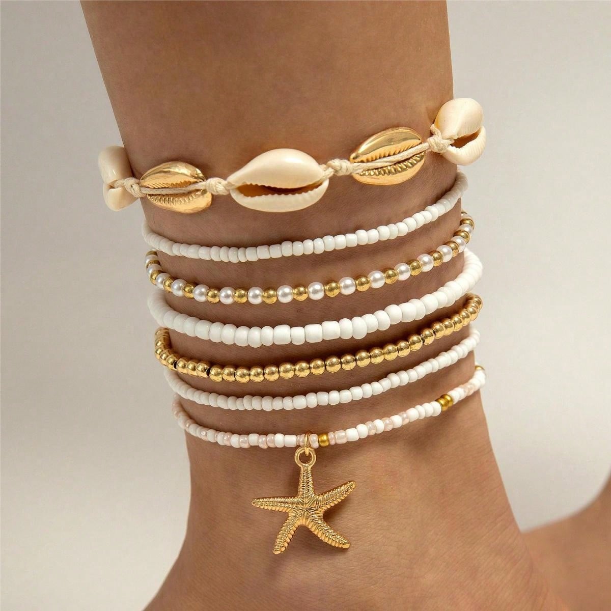 7pcs Bohemian Style Seashell & Beaded Woven Anklet Set