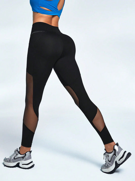 Women's Solid Color Mesh Splice See-Through Leggings With Side Pockets,