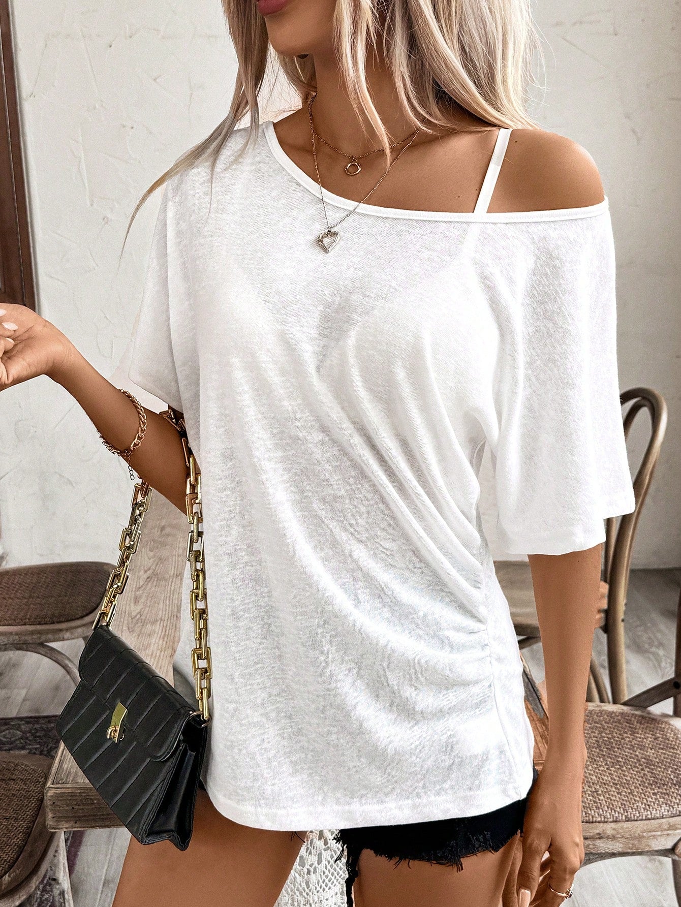 Women's Summer Solid Color Irregular Shoulder Batwing Casual Casual T-Shirt