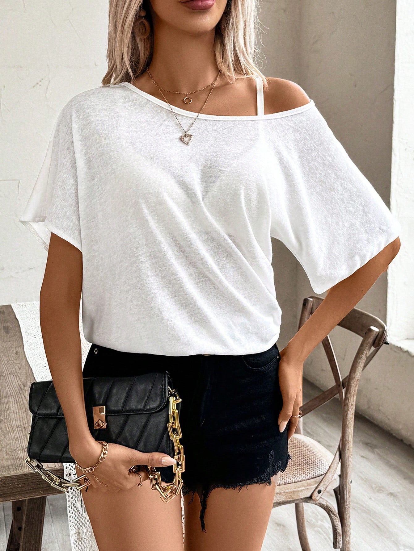 Women's Summer Solid Color Irregular Shoulder Batwing Casual Casual T-Shirt