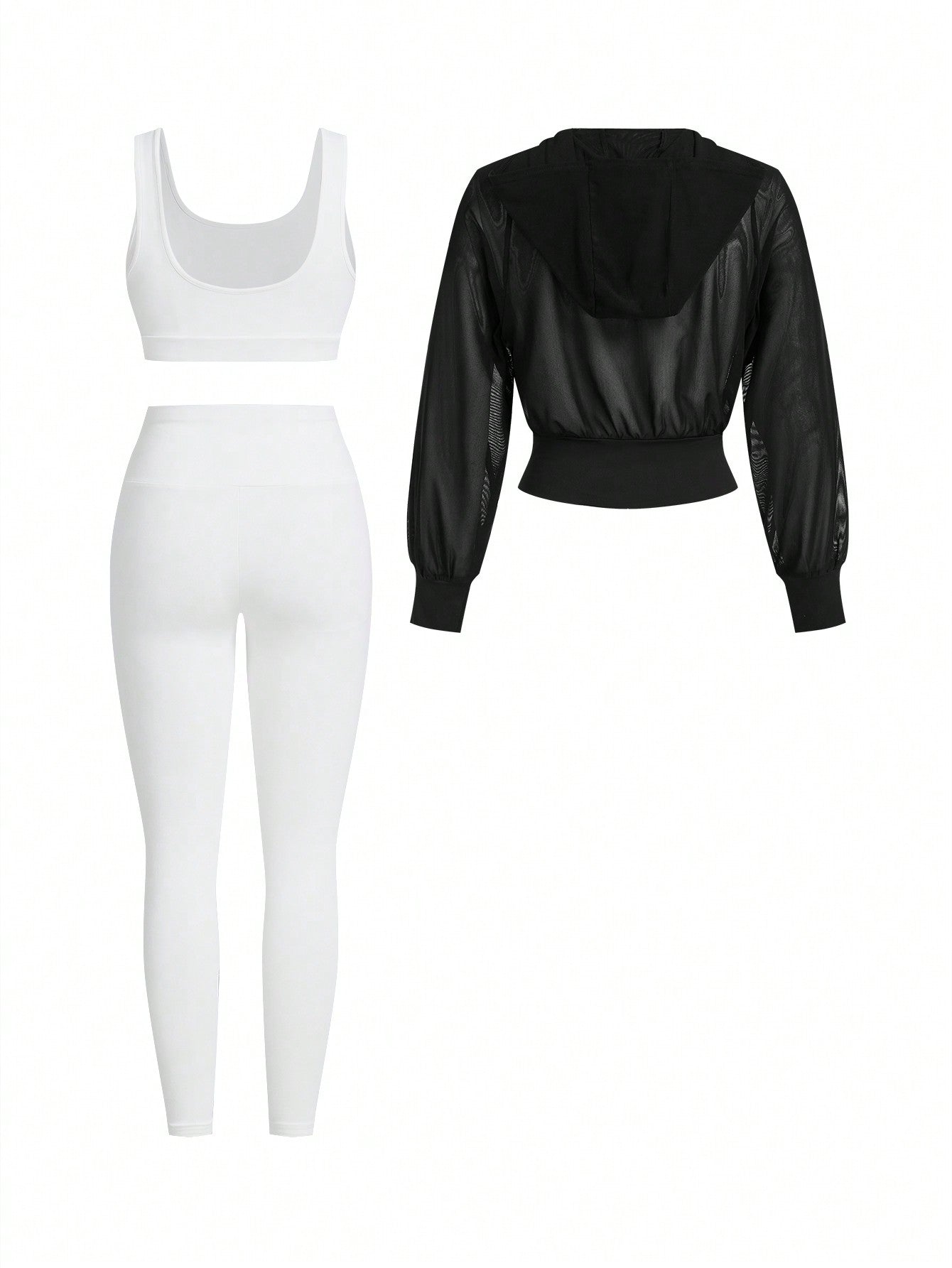 Women's Black Mesh Hooded Jacket   White Slim Fit Tank Top   White Leggings Sports Three-Piece Set