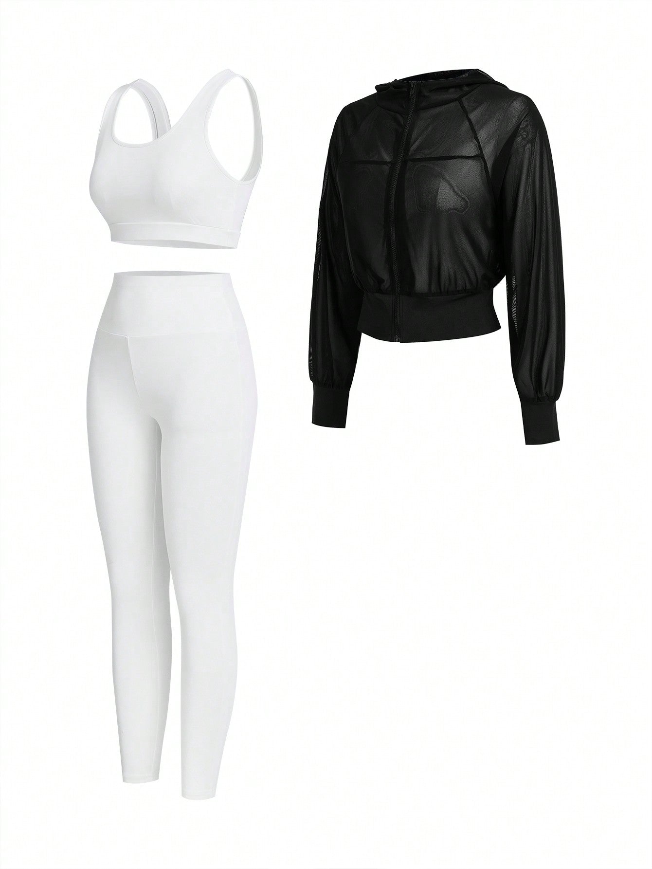 Women's Black Mesh Hooded Jacket   White Slim Fit Tank Top   White Leggings Sports Three-Piece Set