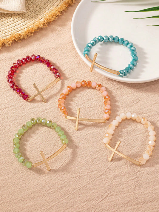 1pc Fashionable Minimalist Cross And Wheel Shaped Glass Beaded Bracelet