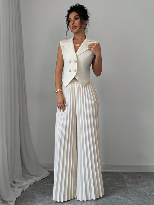 Solid Vest Blazer & Pleated Wide Leg Pants