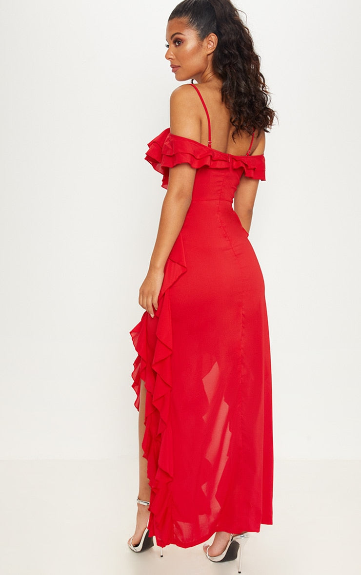 Red Cold Shoulder Ruffle Maxi Dress