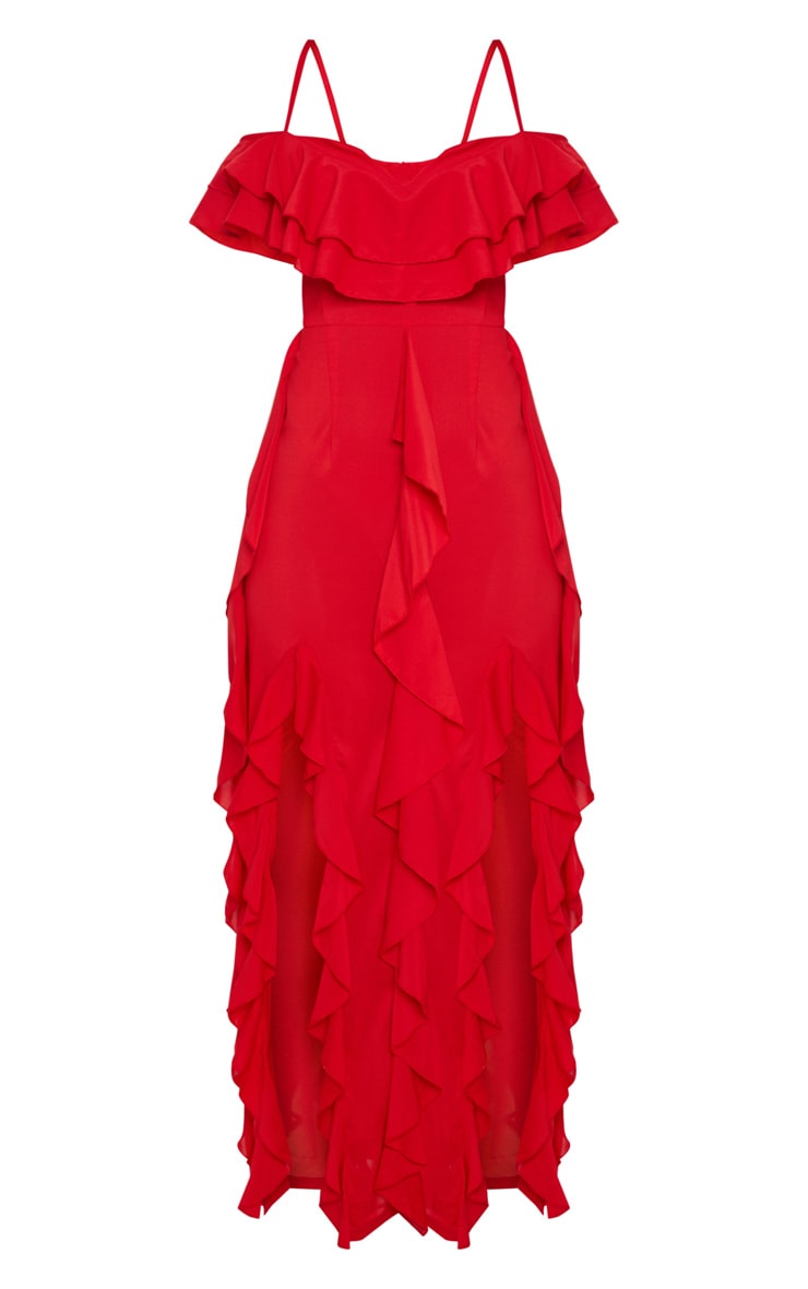 Red Cold Shoulder Ruffle Maxi Dress