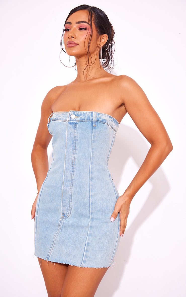 Blue Wash Denim Bandeau Mini Dress