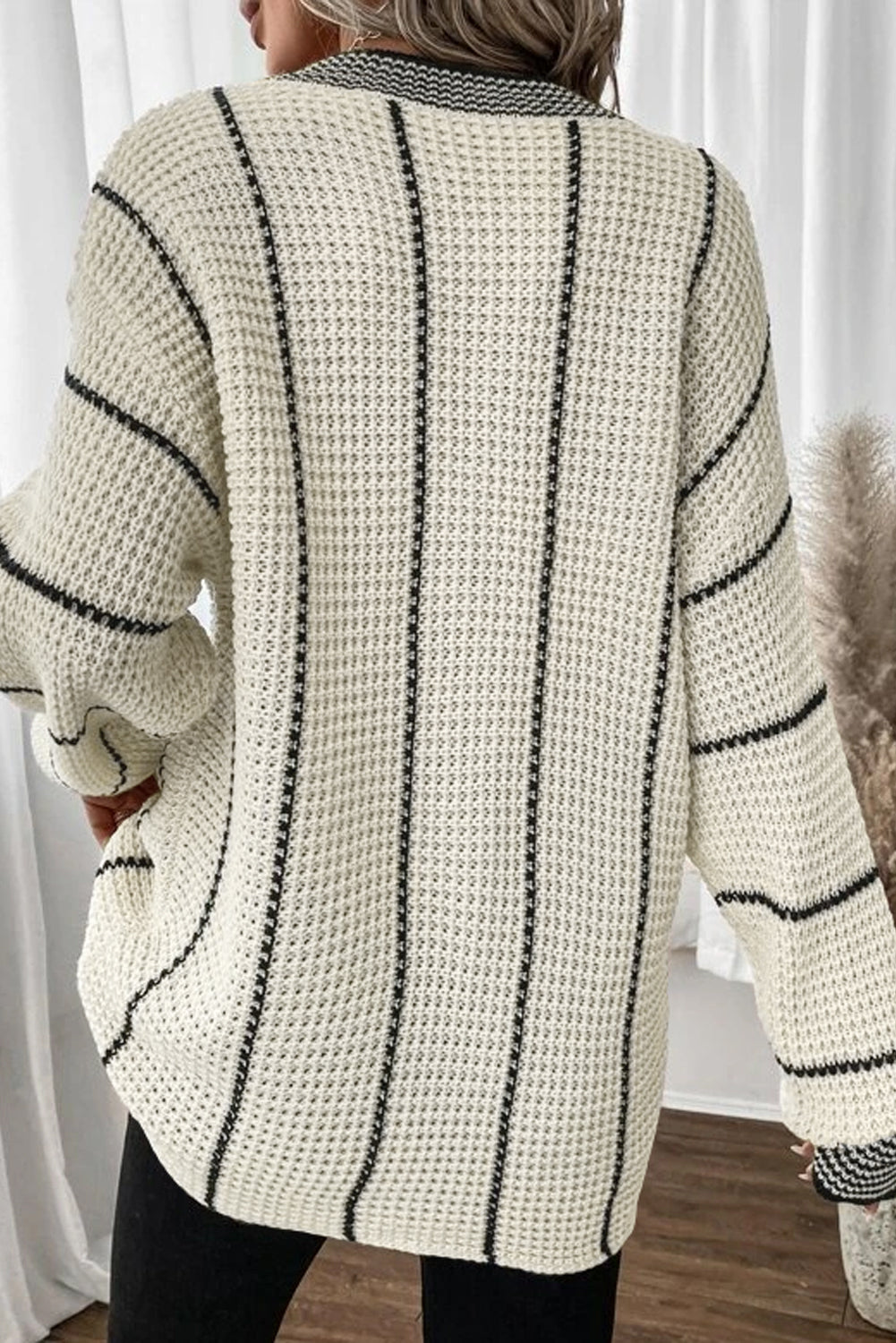 White Colorblock Striped V Neck Knitted Loose Sweater