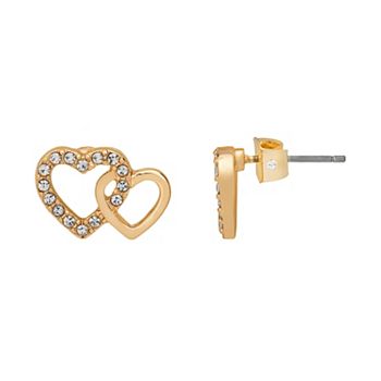 Gold Tone Two Heart Stud Earrings