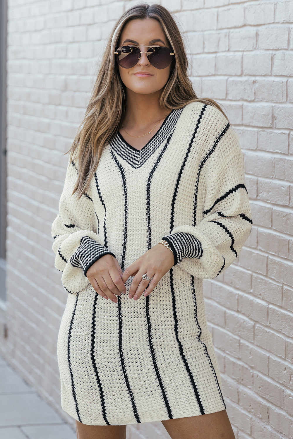 White Colorblock Striped V Neck Knitted Loose Sweater