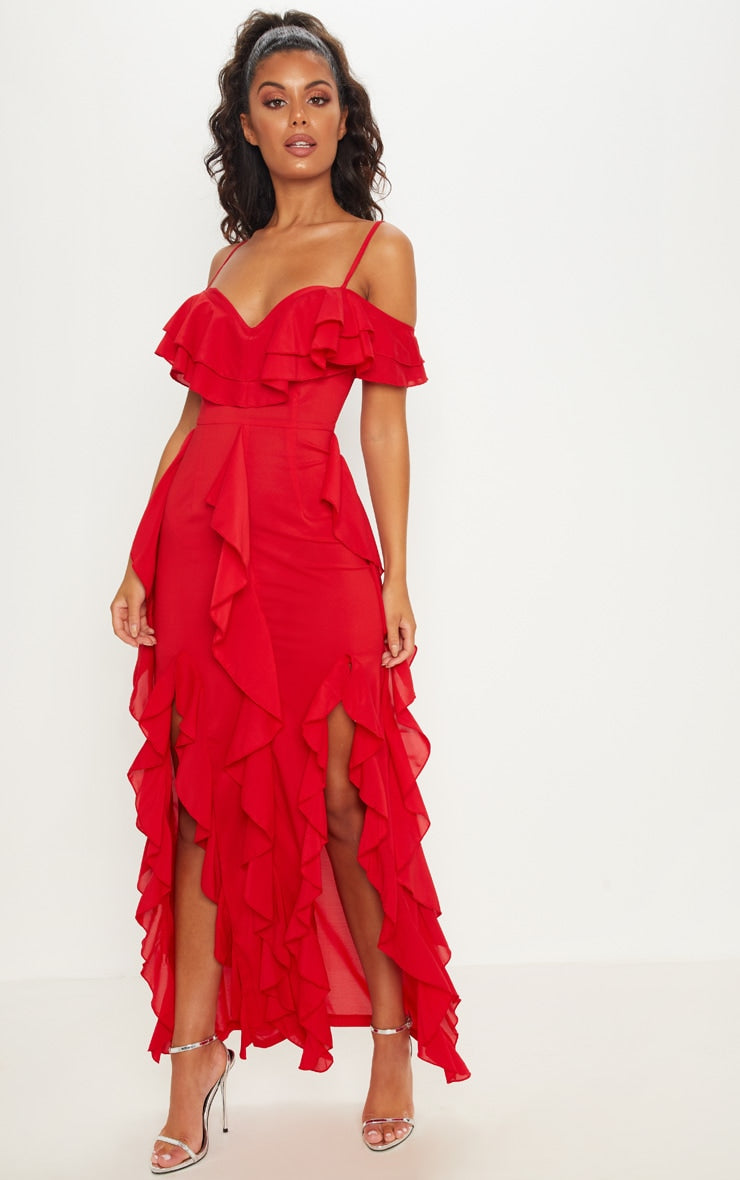 Red Cold Shoulder Ruffle Maxi Dress