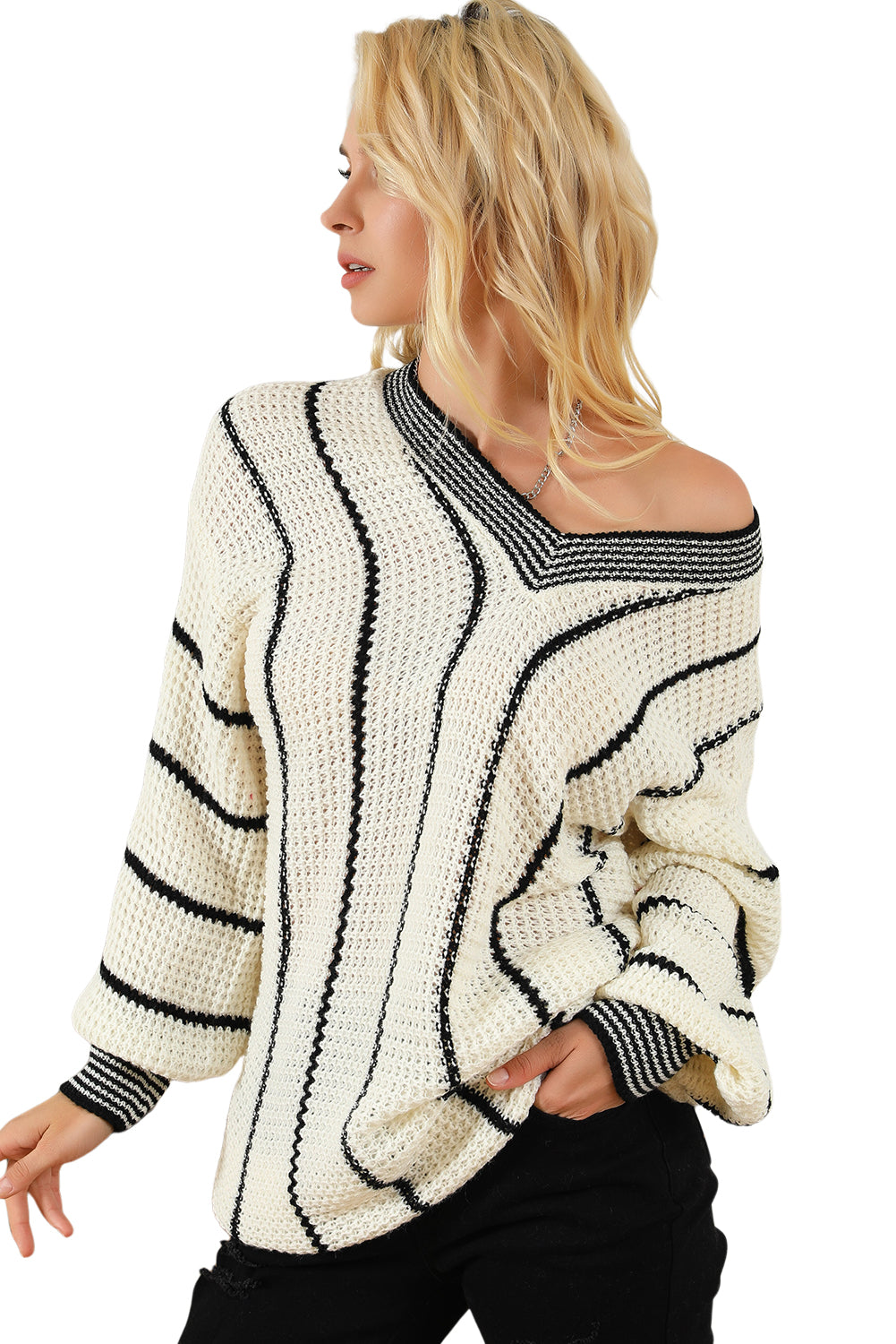 White Colorblock Striped V Neck Knitted Loose Sweater