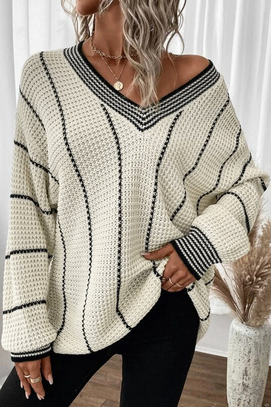 White Colorblock Striped V Neck Knitted Loose Sweater