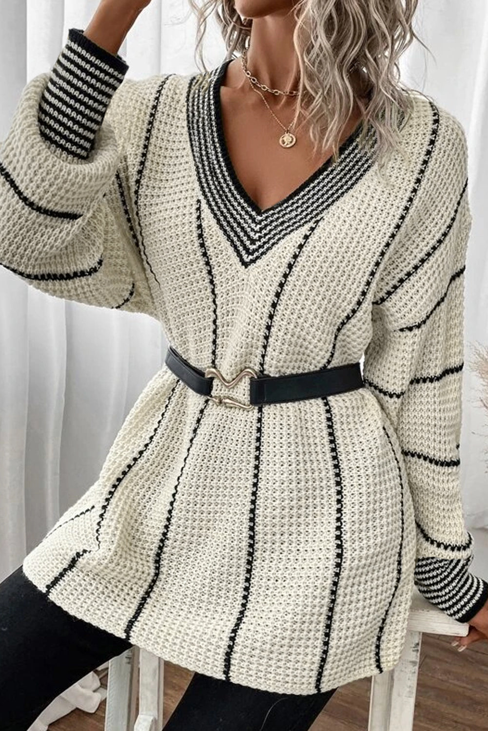 White Colorblock Striped V Neck Knitted Loose Sweater