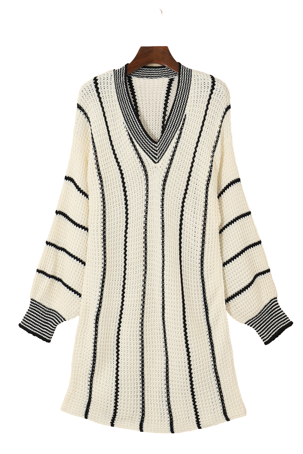 White Colorblock Striped V Neck Knitted Loose Sweater