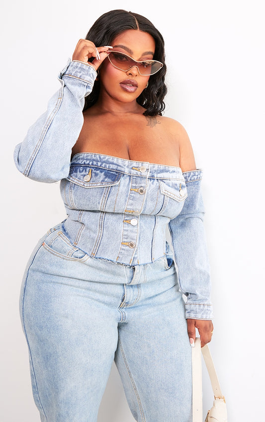 Plus size  Light Blue Wash  Denim Corset