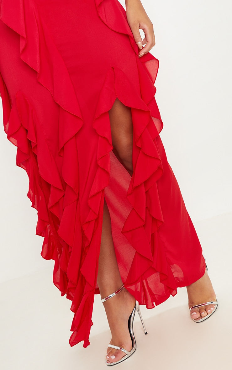 Red Cold Shoulder Ruffle Maxi Dress