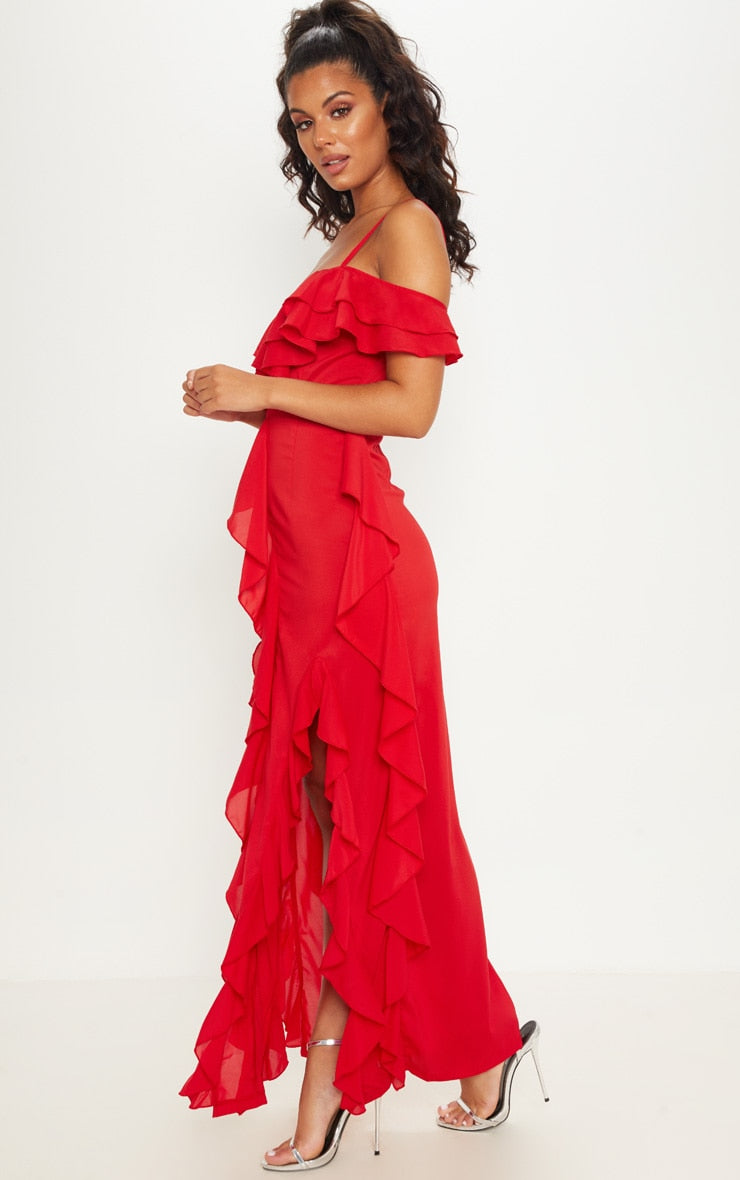 Red Cold Shoulder Ruffle Maxi Dress