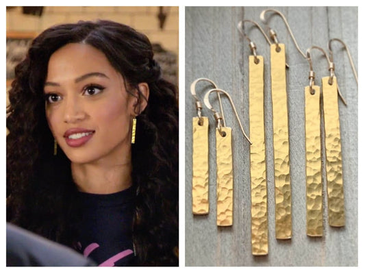 Gold Hammered Bar Earrings . Worn on All American